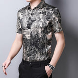 Mens Silk Shirts Short Sleeve Abstract Print Button Up Front Silk Dress Shirt XS Black