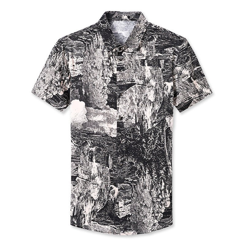 Mens Silk Shirts Short Sleeve Abstract Print Button Up Front Silk Dress Shirt XS Black