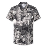Mens Silk Shirts Short Sleeve Abstract Print Button Up Front Silk Dress Shirt XS Black