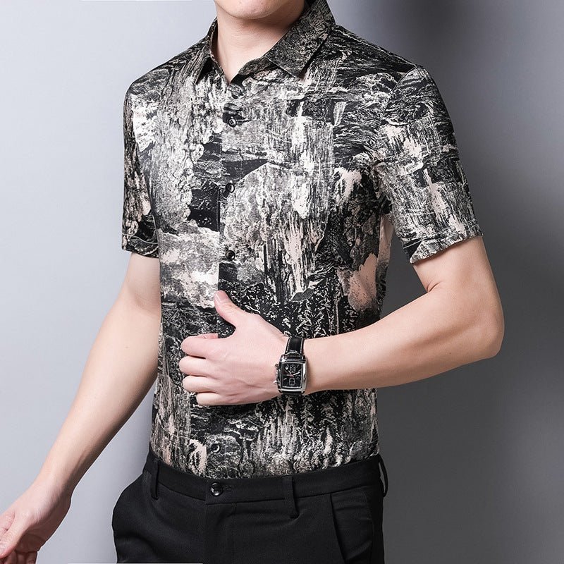 Mens Silk Shirts Short Sleeve Abstract Print Button Up Front Silk Dress Shirt XS Black