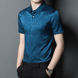 Mens Silk Shirts Short Sleeve Abstract Textured Pattern Silk Dress Shirt XS Teal