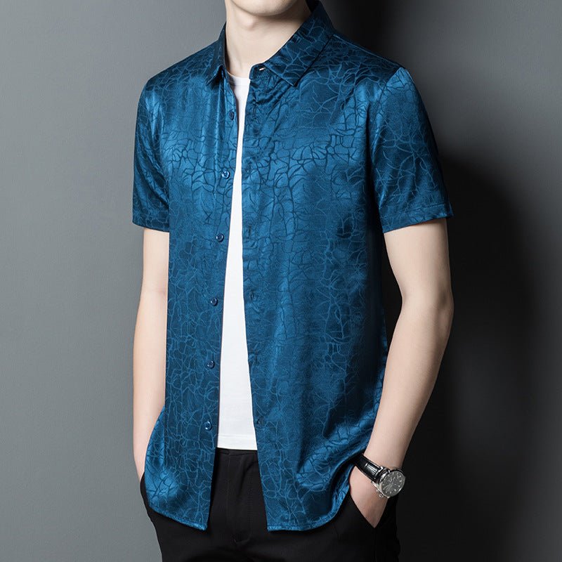 Mens Silk Shirts Short Sleeve Abstract Textured Pattern Silk Dress Shirt XS Teal