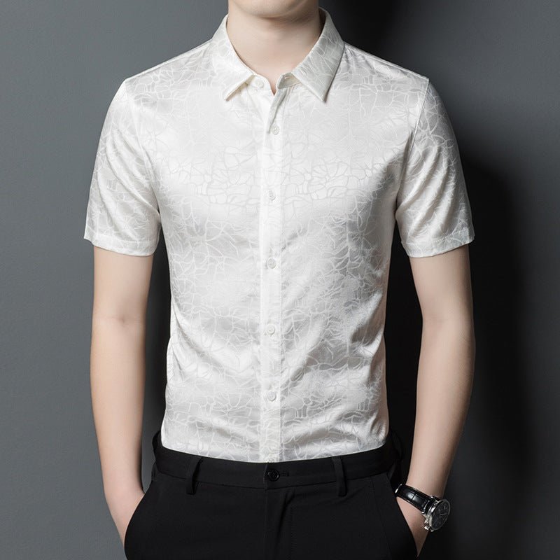 Mens Silk Shirts Short Sleeve Abstract Textured Pattern Silk Dress Shirt XS Ivory