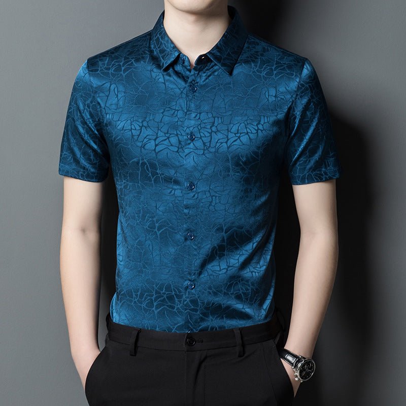 Mens Silk Shirts Short Sleeve Abstract Textured Pattern Silk Dress Shirt XS Teal