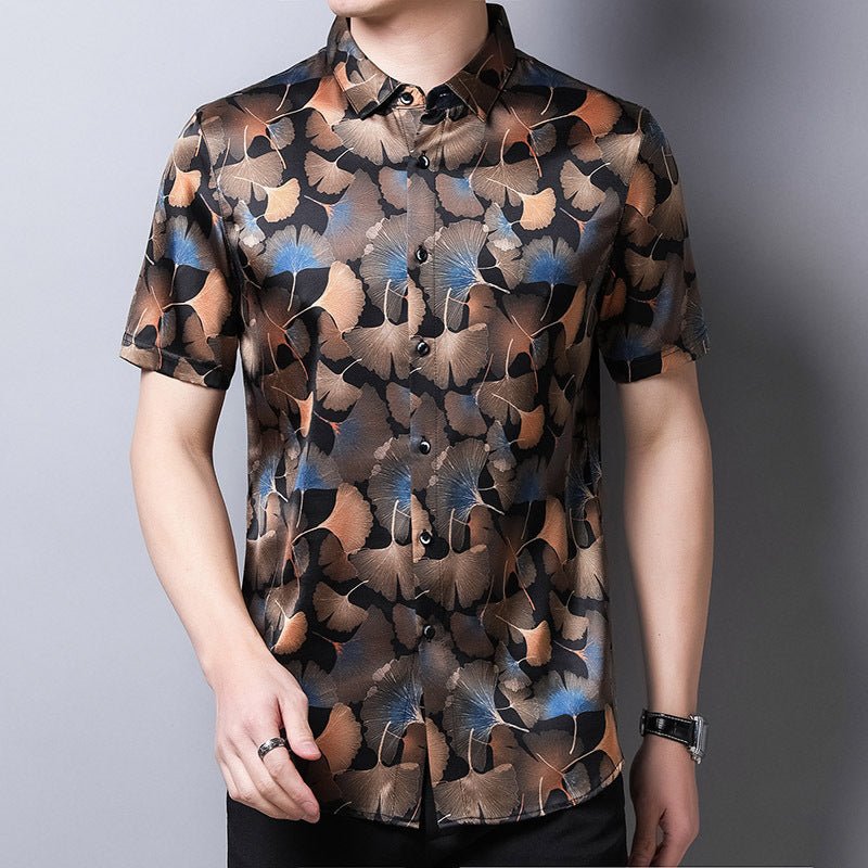 Mens Silk Shirts Short Sleeve Autumn Ginkgo Leaf Print Silk Dressing Shirt XS Black
