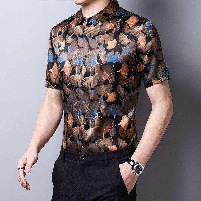 Mens Silk Shirts Short Sleeve Autumn Ginkgo Leaf Print Silk Dressing Shirt XS Black