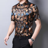 Mens Silk Shirts Short Sleeve Autumn Ginkgo Leaf Print Silk Dressing Shirt XS Black