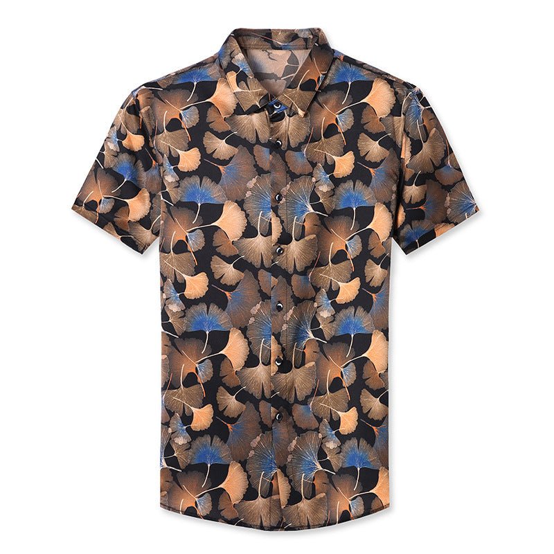 Mens Silk Shirts Short Sleeve Autumn Ginkgo Leaf Print Silk Dressing Shirt XS Black