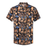 Mens Silk Shirts Short Sleeve Autumn Ginkgo Leaf Print Silk Dressing Shirt XS Black