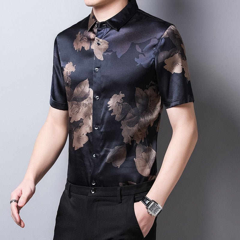 Mens Silk Shirts Short Sleeve Bronze Floral Print Silk Dress Shirt XS Black