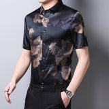 Mens Silk Shirts Short Sleeve Bronze Floral Print Silk Dress Shirt XS Black