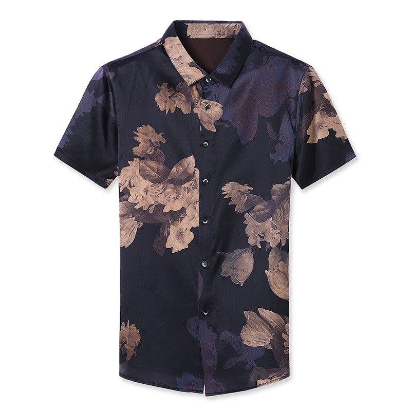Mens Silk Shirts Short Sleeve Bronze Floral Print Silk Dress Shirt XS Black