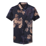 Mens Silk Shirts Short Sleeve Bronze Floral Print Silk Dress Shirt XS Black