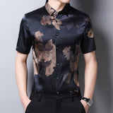 Mens Silk Shirts Short Sleeve Bronze Floral Print Silk Dress Shirt XS Black