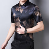 Mens Silk Shirts Short Sleeve Bronze Floral Print Silk Dress Shirt XS Black