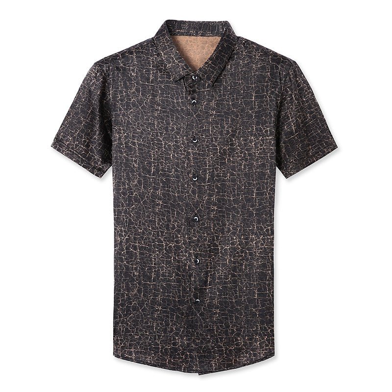Mens Silk Shirts Short Sleeve Crackled Bronze Texture Silk Dress Shirt XS Black