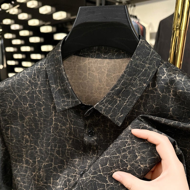 Mens Silk Shirts Short Sleeve Crackled Bronze Texture Silk Dress Shirt XS Black