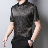 Mens Silk Shirts Short Sleeve Crackled Bronze Texture Silk Dress Shirt XS Black
