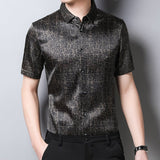 Mens Silk Shirts Short Sleeve Crackled Bronze Texture Silk Dress Shirt XS Black