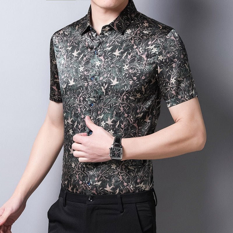 Mens Silk Shirts Short Sleeve Forest Bird and Floral Print Silk Dress Shirt XS Dark Green