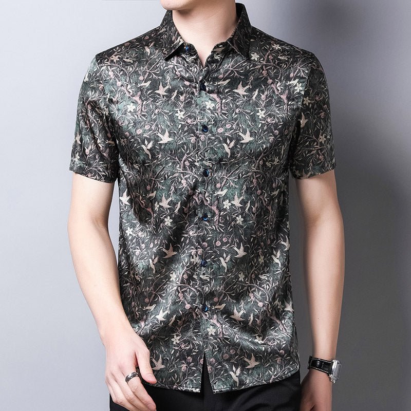Mens Silk Shirts Short Sleeve Forest Bird and Floral Print Silk Dress Shirt XS Dark Green