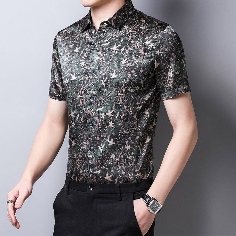 Mens Silk Shirts Short Sleeve Forest Bird and Floral Print Silk Dress Shirt XS Dark Green