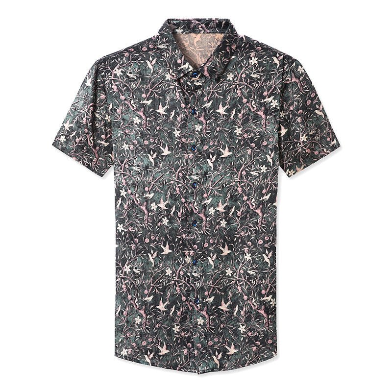 Mens Silk Shirts Short Sleeve Forest Bird and Floral Print Silk Dress Shirt XS Dark Green