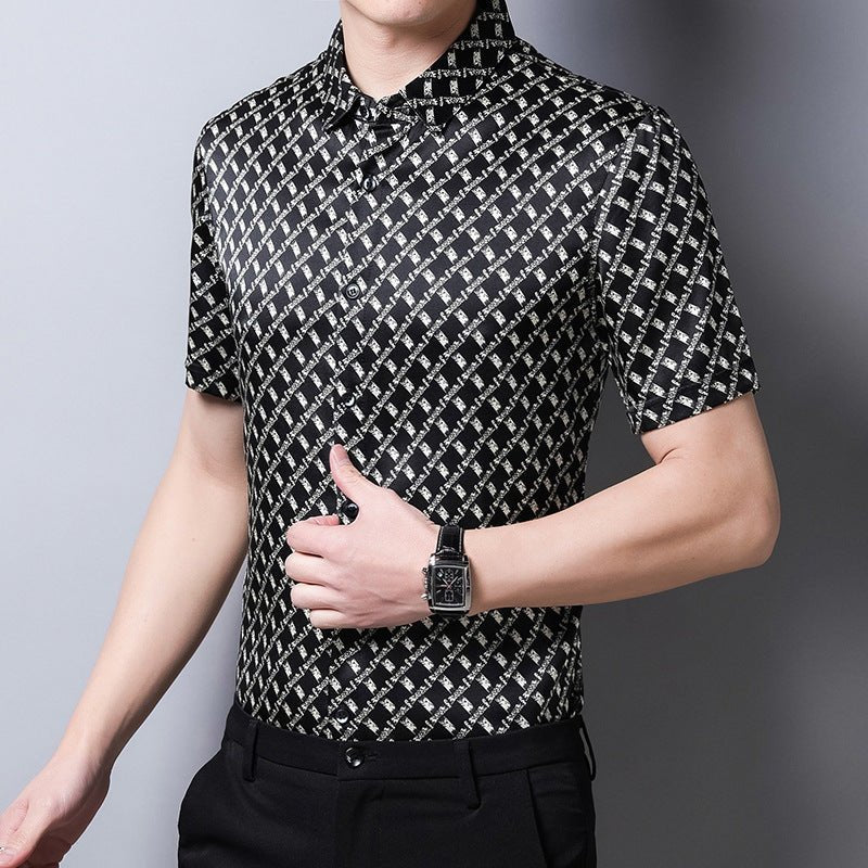 Mens Silk Shirts Short Sleeve Geometric Grid Print Silk Dress Shirt XS Black