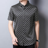 Mens Silk Shirts Short Sleeve Geometric Grid Print Silk Dress Shirt XS Black