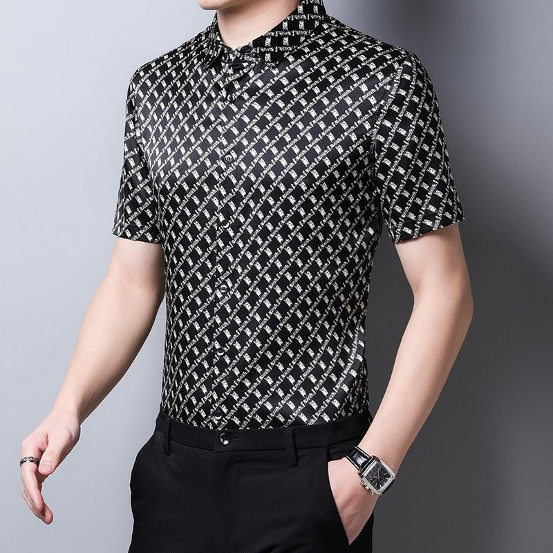 Mens Silk Shirts Short Sleeve Geometric Grid Print Silk Dress Shirt XS Black