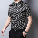 Mens Silk Shirts Short Sleeve Geometric Grid Print Silk Dress Shirt XS Black