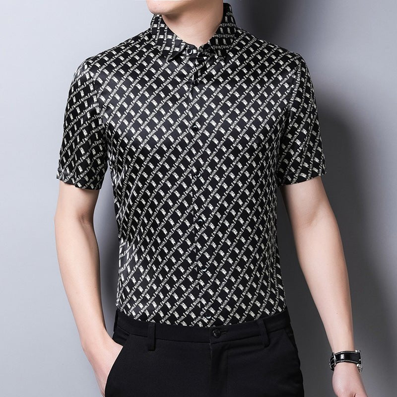 Mens Silk Shirts Short Sleeve Geometric Grid Print Silk Dress Shirt XS Black
