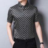 Mens Silk Shirts Short Sleeve Geometric Grid Print Silk Dress Shirt XS Black