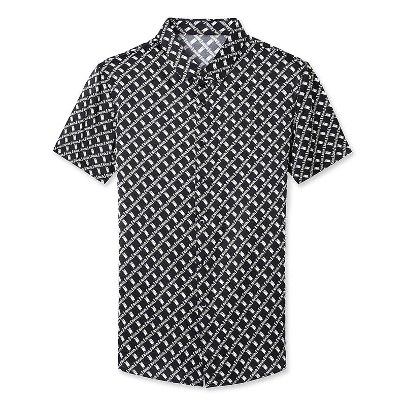 Mens Silk Shirts Short Sleeve Geometric Grid Print Silk Dress Shirt XS Black