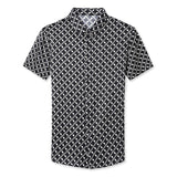 Mens Silk Shirts Short Sleeve Geometric Grid Print Silk Dress Shirt XS Black