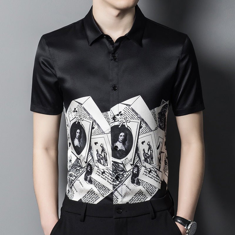 Mens Silk Shirts Short Sleeve Monochrome Vintage Graphic Print Silk Dress Shirt XS Black