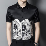 Mens Silk Shirts Short Sleeve Monochrome Vintage Graphic Print Silk Dress Shirt XS Black
