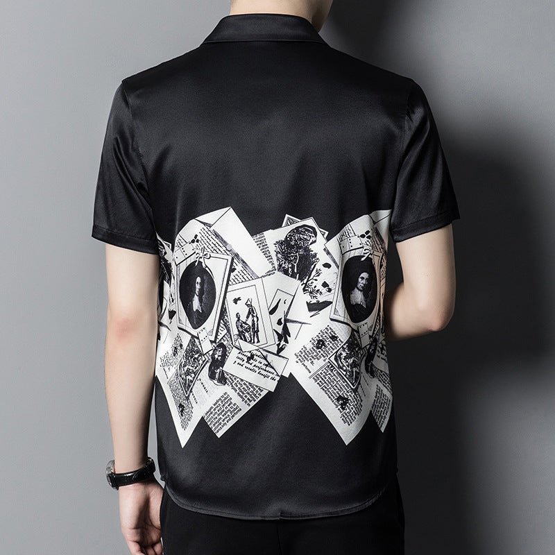 Mens Silk Shirts Short Sleeve Monochrome Vintage Graphic Print Silk Dress Shirt XS Black