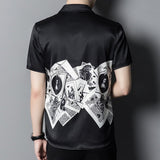 Mens Silk Shirts Short Sleeve Monochrome Vintage Graphic Print Silk Dress Shirt XS Black