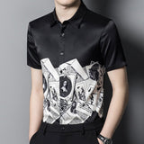 Mens Silk Shirts Short Sleeve Monochrome Vintage Graphic Print Silk Dress Shirt XS Black