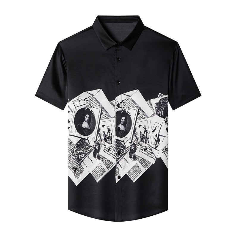 Mens Silk Shirts Short Sleeve Monochrome Vintage Graphic Print Silk Dress Shirt XS Black