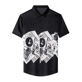 Mens Silk Shirts Short Sleeve Monochrome Vintage Graphic Print Silk Dress Shirt XS Black
