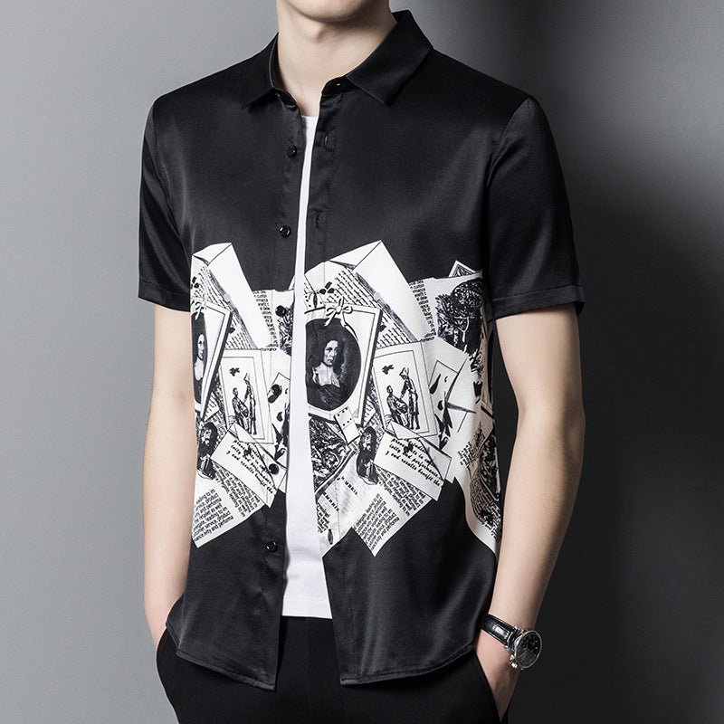 Mens Silk Shirts Short Sleeve Monochrome Vintage Graphic Print Silk Dress Shirt XS Black