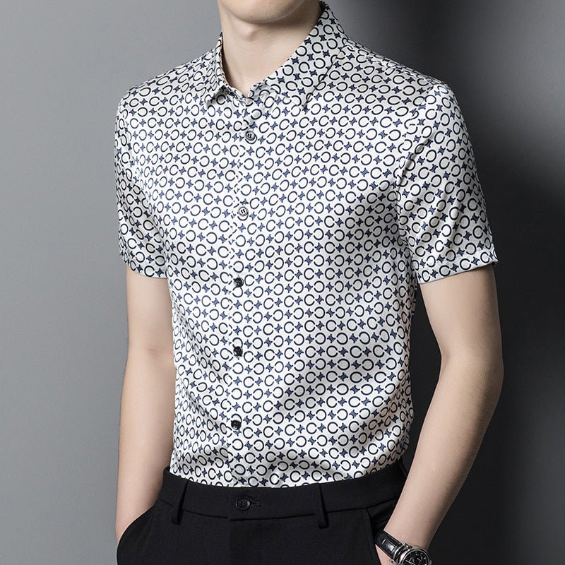 Mens Silk Shirts Short Sleeve Navy Geometric Print Silk Dress Shirt XS White
