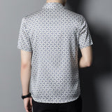 Mens Silk Shirts Short Sleeve Navy Geometric Print Silk Dress Shirt XS White