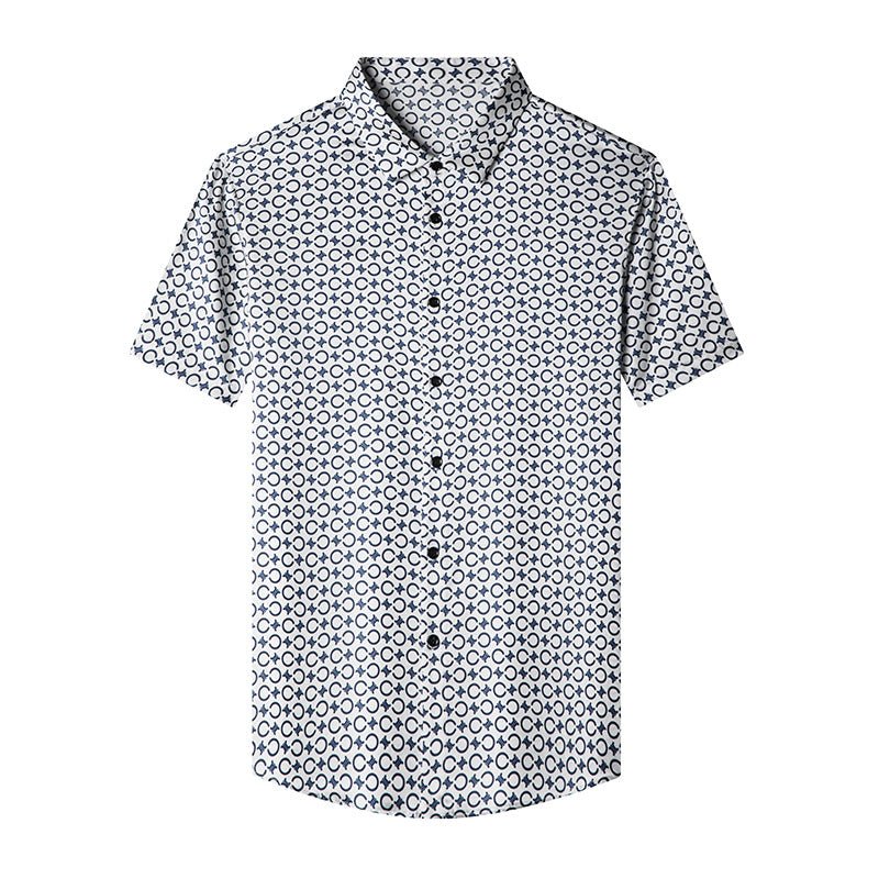 Mens Silk Shirts Short Sleeve Navy Geometric Print Silk Dress Shirt XS White