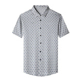 Mens Silk Shirts Short Sleeve Navy Geometric Print Silk Dress Shirt XS White