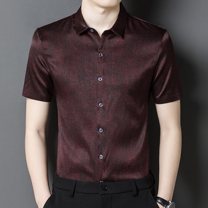 Mens Silk Shirts Short Sleeve Textured Pattern Silk Dress Shirt XS Red
