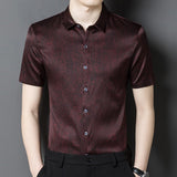 Mens Silk Shirts Short Sleeve Textured Pattern Silk Dress Shirt XS Red