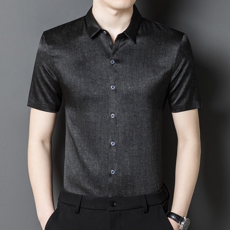 Mens Silk Shirts Short Sleeve Textured Pattern Silk Dress Shirt XS Black